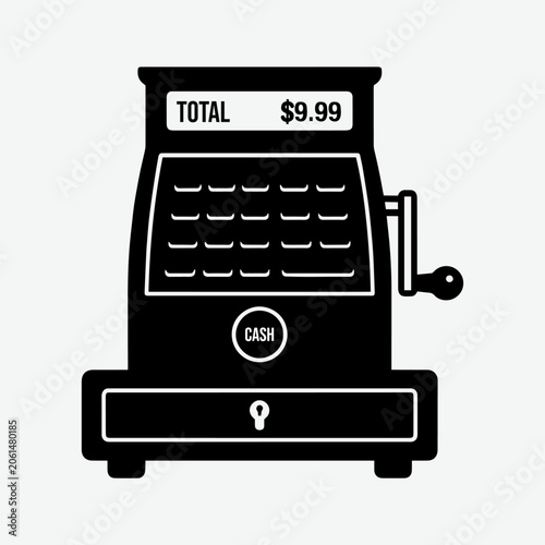 Black cash register flat icon with total display on a white background