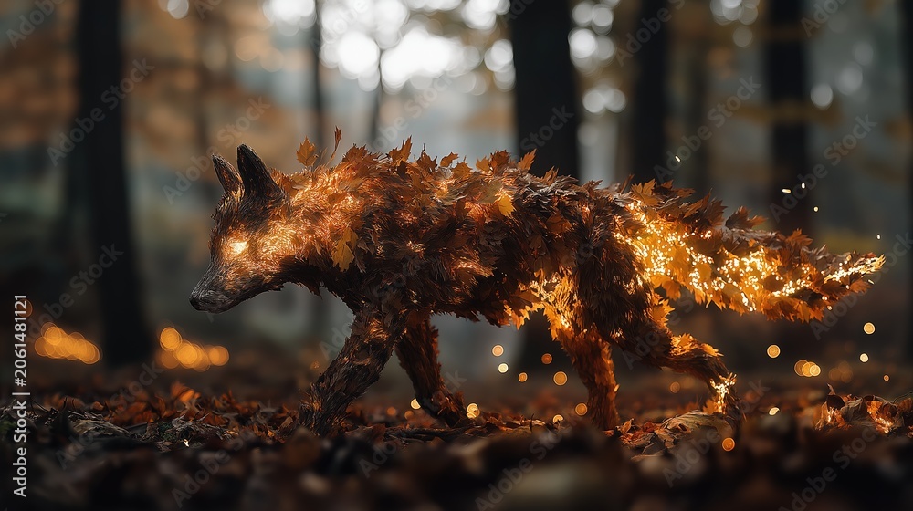 Fototapeta premium A fox-shaped figure made entirely of autumn leaves walks through a softly lit forest floor with blurred trees and glowing particles in the background.