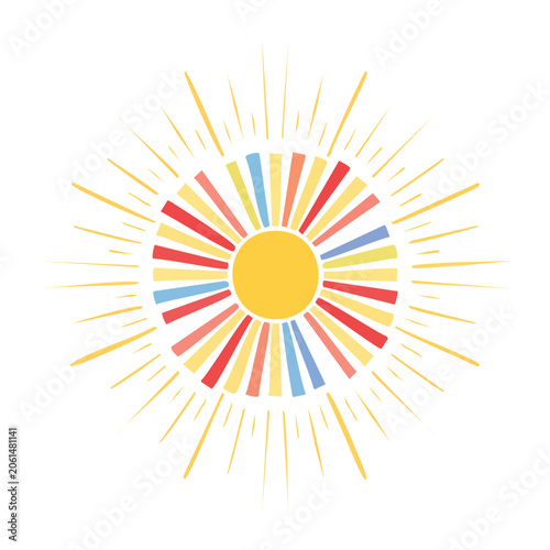 Stylized sun with colorful rays on white background