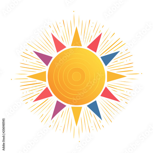 Stylized sun icon with colorful rays on white background