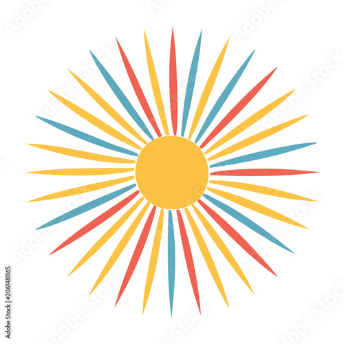 Stylized sun with colorful rays on white background