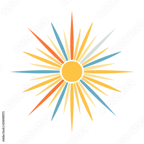 Stylized sunburst with colorful rays on white background