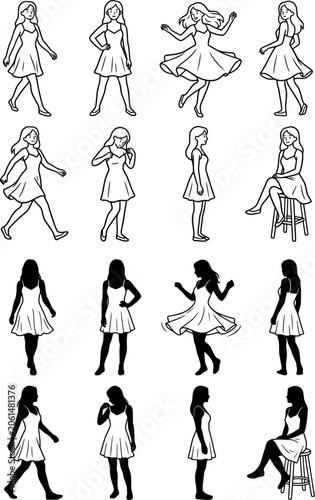 Fashion woman silhouettes set with elegant girls in different poses isolated on white background vector illustration