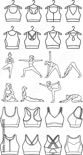 Line art vector illustration set of woman in various yoga poses and stretching exercises isolated on white background
