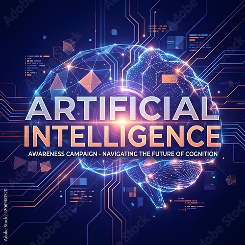 Artificial intelligence concept with glowing brain and digital network futuristic technology illustration