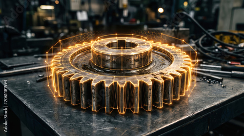 Futuristic Gear Workshop with Digital Overlay