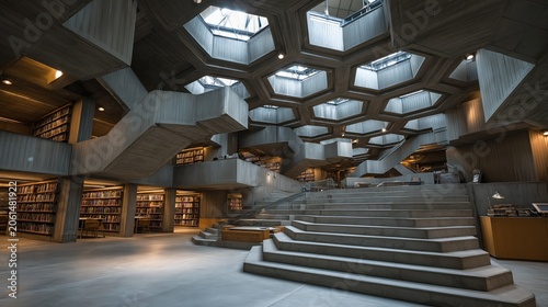 A modern library interior with hexagonal skylights, concrete staircases, and warm wooden bookshelves creating a unique architectural atmosphere.
