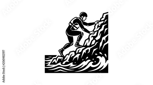 Extreme Sports Athlete Climbing Rocky Cliff by the Sea