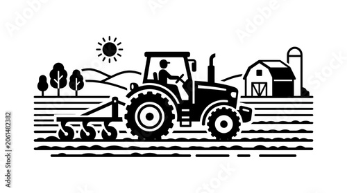 Farmer Driving Tractor Tilling Field with Barn and Sun in Background