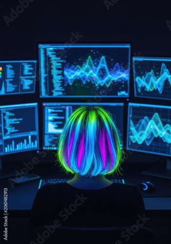 Vibrant neon hair reflects light from glowing computer monitors in a dark room. Digital data streams across screens in a technical workspace, virtual, intelligence, neon