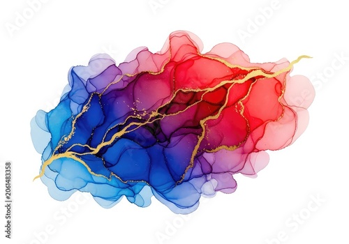 Vibrant watercolor wash featuring deep blues, royal purples, and fiery reds blended seamlessly with elegant shimmering gold metallic veins, blue, gold, pattern