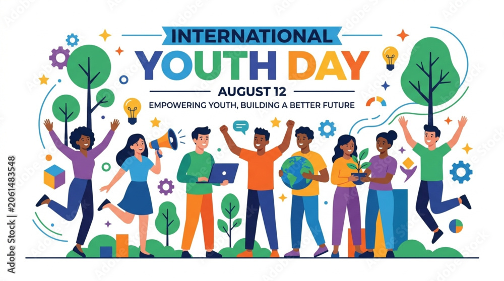 Fototapeta premium Diverse group of happy young people celebrating International Youth Day with arms raised and symbols of empowerment, standing together against a vibrant, colorful background with trees