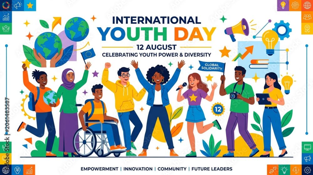 Fototapeta premium Diverse group of young people celebrating International Youth Day with global symbols, conveying empowerment and innovation against a vibrant, colorful background