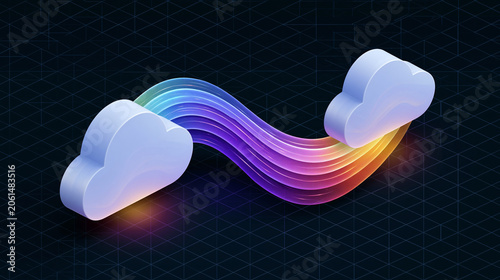 Isometric 3D render of two cloud computing icons connected by a vibrant, colorful data transfer stream on a dark grid background, representing digital technology and network communication.