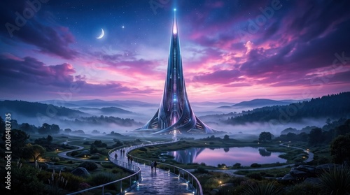 Futuristic monument against twilight sky with purple clouds and stars