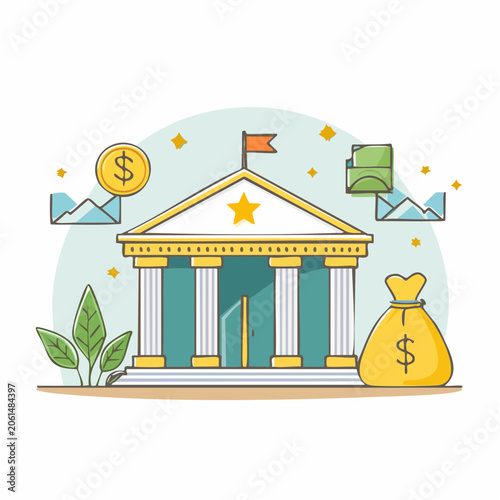 Bank Building with Money Bag and Financial Charts
