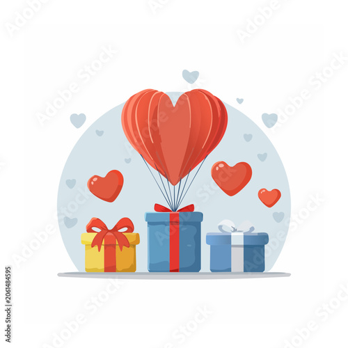 Flat design heart balloon and gift boxes illustration