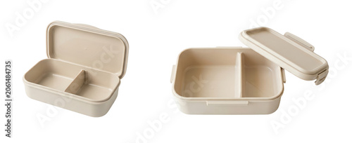 Beige plastic lunch box with a divider isolated on transparent background