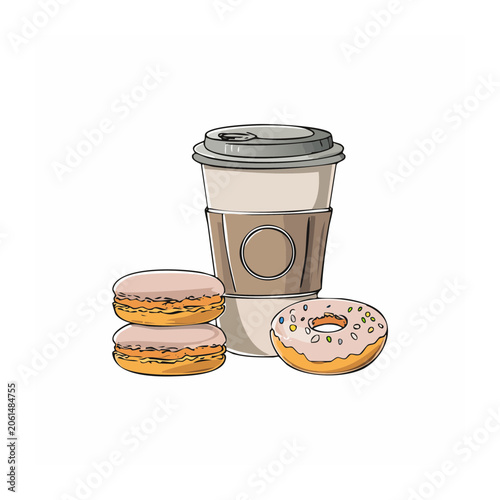 Flat illustration of coffee cup with macarons and donut