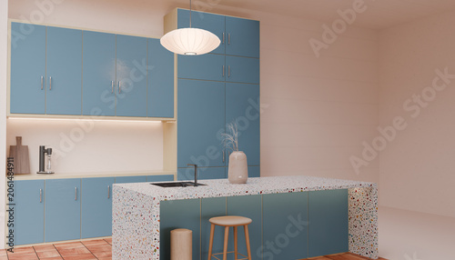 Modern Pastel Kitchen Interior Featuring Contemporary Cabinet Design Terrazzo Countertop Soft Color Palette Functional Layout And Elegant Residential Living Space