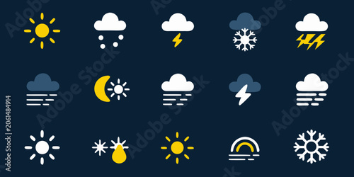 Weather Icons Collection Flat Vector Illustration On Dark Navy Background