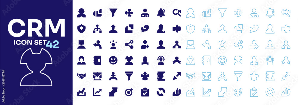 Obraz premium Flat and outline CRM business icon set for customer relationship management vector collection.