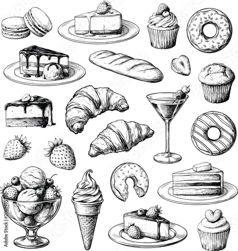 Fotografía Bakery dessert and sweet food vector illustration set with hand drawn vintage engraving style sketches for cafe menu and pastry design