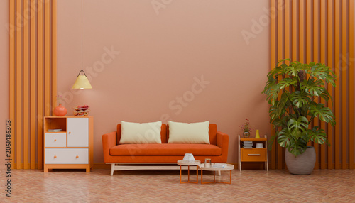 Vibrant Living Room Scene Showcasing Orange Sofa Accent Lighting Indoor Greenery Warm Color Palette And Contemporary Residential Styling