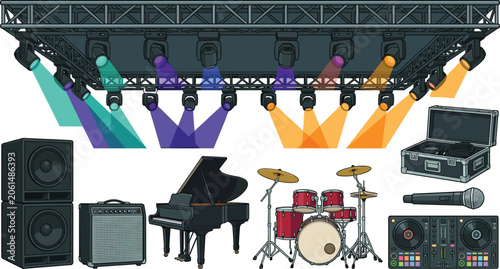 Live Music Concert and Stage Equipment Vector Illustration Set Featuring Lighting Rig, Speakers, Drum Kit, DJ Controller and Audio Performance Collection