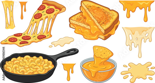 Quadro em tela Cheesy Comfort Food Vector Illustration Set Featuring Melted Pizza Slice, Grille