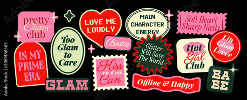 Vector set of girly Y2K stickers with bold typography, glam phrases, hearts, labels and retro badges. Trendy design elements for planner, scrapbook, social media and fashion projects
