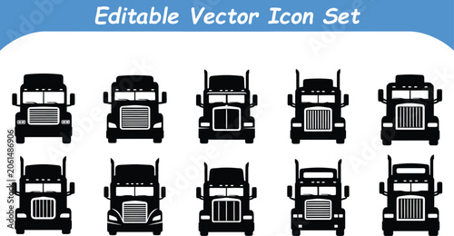 Collection of 10 front facing semi truck silhouette vector icons for transportation design