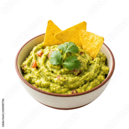 Bowl of fresh guacamole with tortilla chips isolated on transparent background