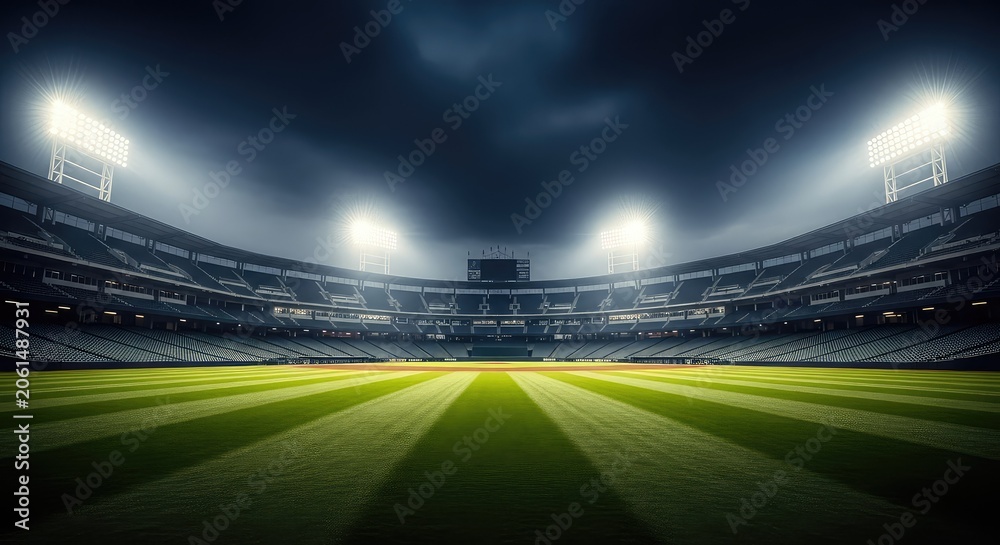 Fototapeta premium A wide angle view of an empty baseball stadium at night, brilliantly lit by floodlights with a dark, moody sky and faint smoke drifting, ballpark, wide angle, baseball