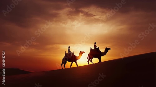Silhouettes of two people riding camels across a desert dune at sunset under dramatic orange and purple clouds in the sky.