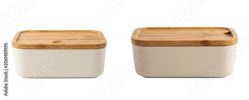 Two modern food storage containers with bamboo lids isolated on transparent background