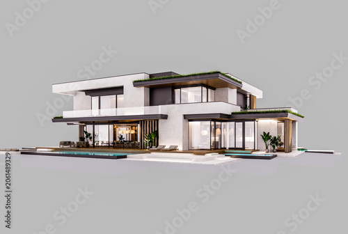 3d rendering of two-story house with parking and pool for sale or rent with concrete facade and beautiful landscaping. In the evening. Isolated on gray