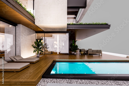 3d rendering of two-story house with parking and pool for sale or rent with concrete facade and beautiful landscaping. In the evening. Isolated on gray