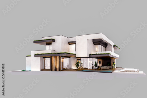 3d rendering of two-story house with parking and pool for sale or rent with concrete facade and beautiful landscaping. In the evening. Isolated on gray