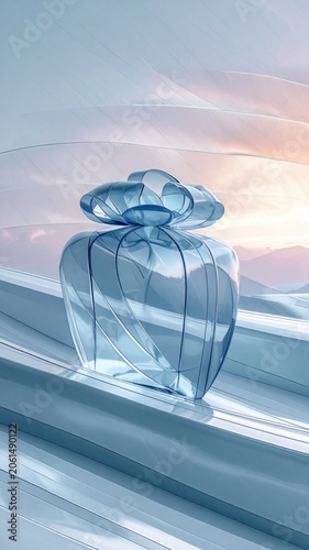 Bottle sits on a surface with soft light and pastel colors in the background during sunset