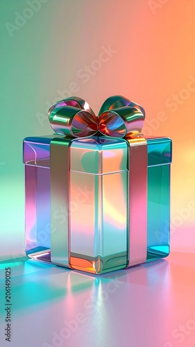 Colorful gift box with ribbons sits on a surface with vibrant light reflections in a creative display