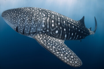 Whale shark underwater in blue water, close up