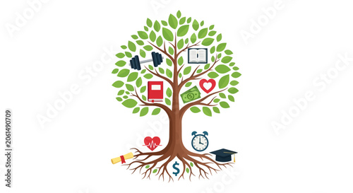 Conceptual illustration of life's essential elements for success and well-being, depicted as a flourishing tree with icons of education, fitness, finance, and personal goals