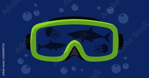 Animation of reflection of shark and jellyfish shadows on diving goggles in the depths of the sea
