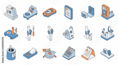 Obraz na płótnie Isometric icons representing various medical and scientific equipment, including laboratory devices and healthcare tools
