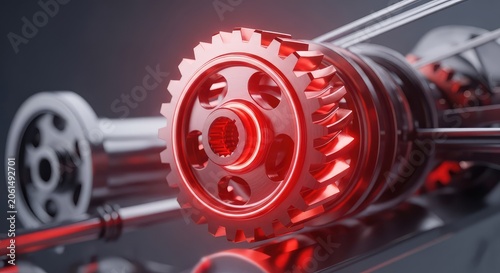 Close up view of a glowing red metallic gear with a blurred industrial background representing motion, mechanical innovation and technology, automation, machine, light