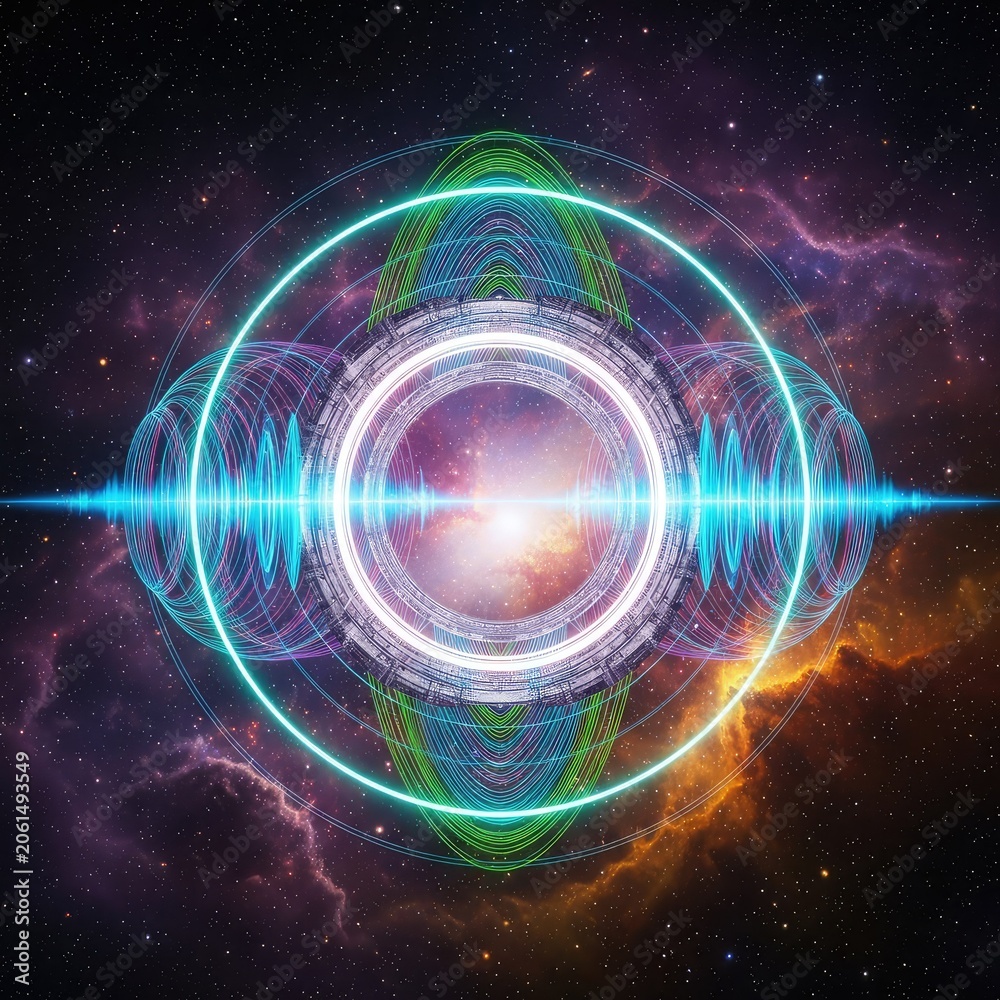 Fototapeta premium Interstellar communication array with massive glowing rings transmitting pulsing multidimensional energy waves across a deep space nebula, ethereal, exploration, digital