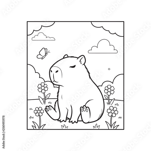 Cute Capybara Sitting in a Field with Flowers and Butterfly