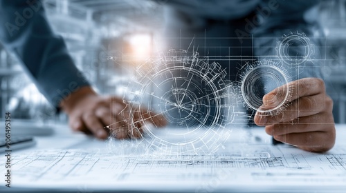 Blueprints, engineer technicians, design drawings, mechanical gears, engineering engines, factory, industrial technology projects, abstract presentations, cover banners, backgrounds.