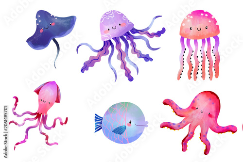 Cute ocean creatures element set with octopus jellyfish squid stingray for baby shower children birthday stickers invitations hand drawn cartoon illustration